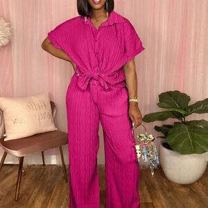 Women Spring Summer Pleated Fabric Short Sleeve Shirt Casual Wide-Leg Pants Set